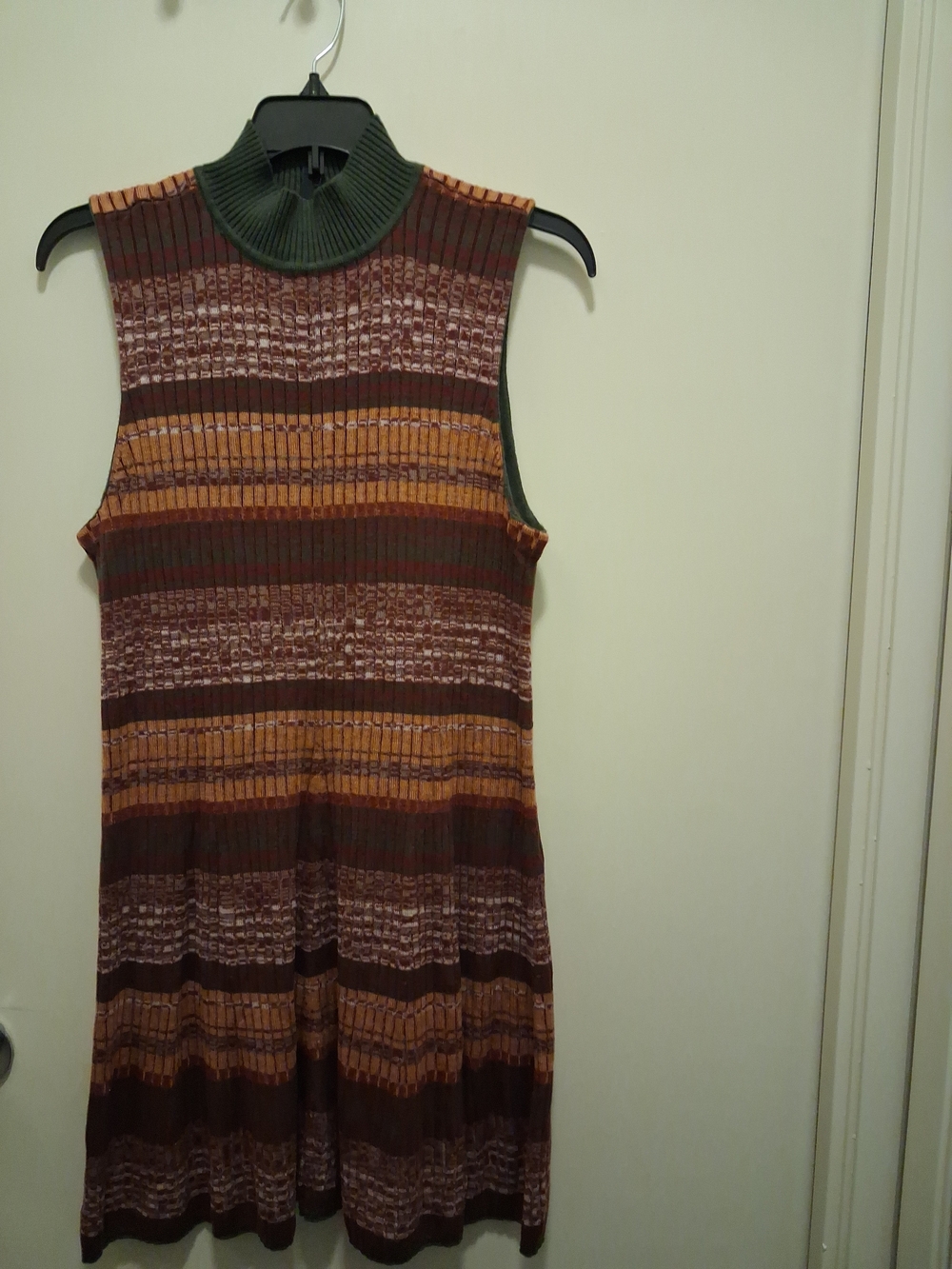 Striped Sleeveless Turtleneck Dress in Olive, Rust & Brown